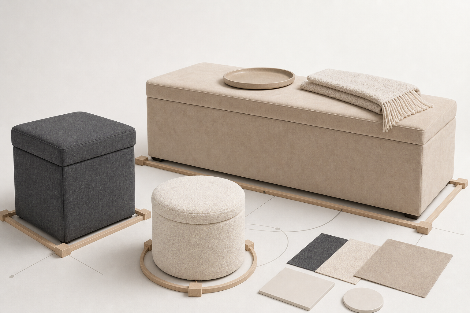 Різні типи пуфів зі зберіганням – кубічний, круглий та довга банкетка