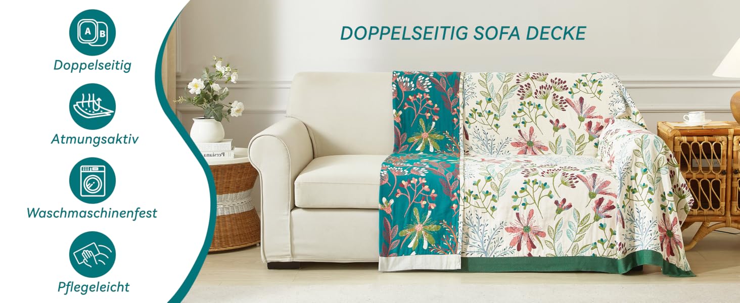 Покривало Bailix Premium Boho з 100% бавовни, двостороння муслінова ковдра 150x200 см, плед для дивана та ліжка в стилі пэчворк, смарагдово-бежевий