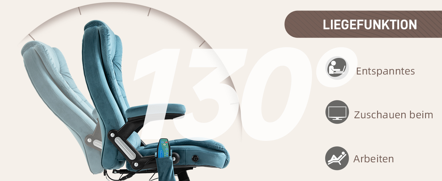 Крісло офісне Vinsetto з масажем, підігрівом, регулюванням нахилу та функцією лежання, блакитне, з кишенькою, з велюру, для офісу та дому