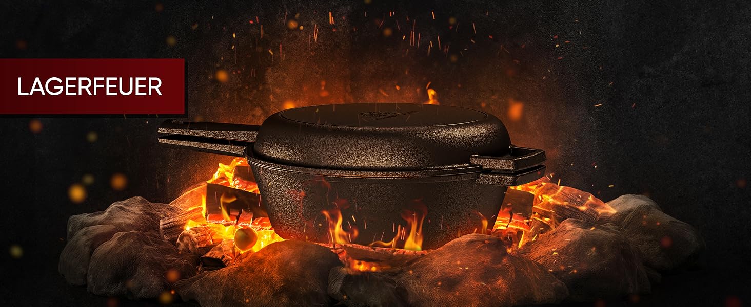 Нідерландський горщик 2в1 з чавуну 4.8л & сковорода з чавуну 1.8л - Набір нідерландського горщика з подвійною функцією - з кулінарною книгою та аксесуарами для барбекю, кемпінгу та кухні - 30 років гарантії (2в1 сковорода)