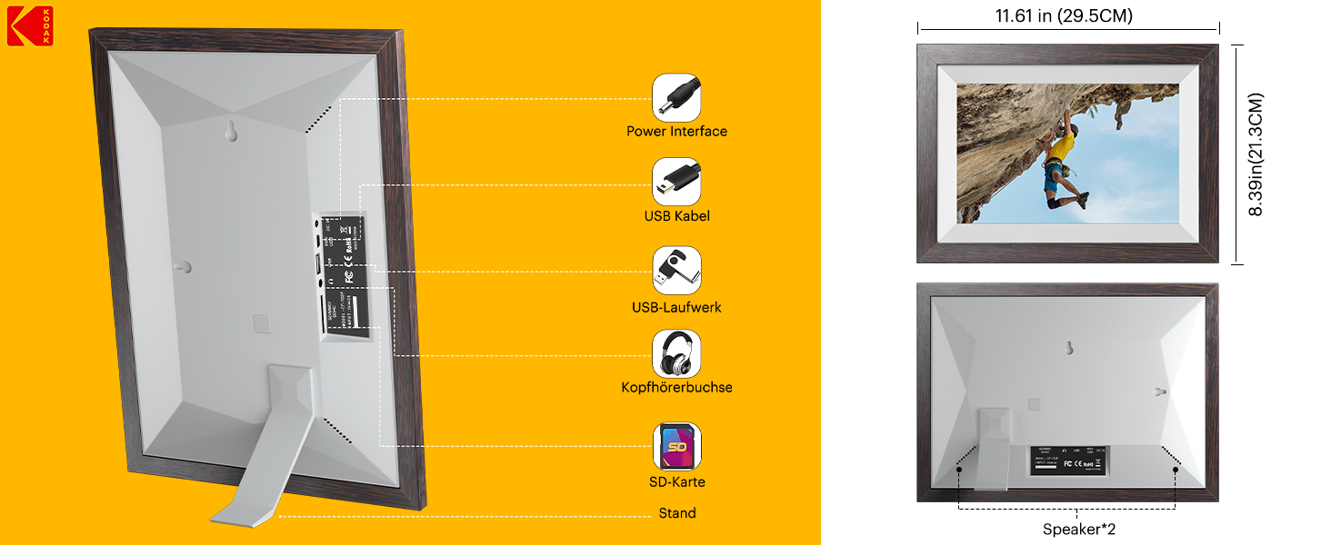 Цифровий фоторамка KODAK WiFi з сенсорним екраном IPS HD 10.1 дюйма, 32GB, автоматичне обертання, Wi-Fi, для стін, ділитися фотографіями звідусіль, темно-коричневий (білий каркас)