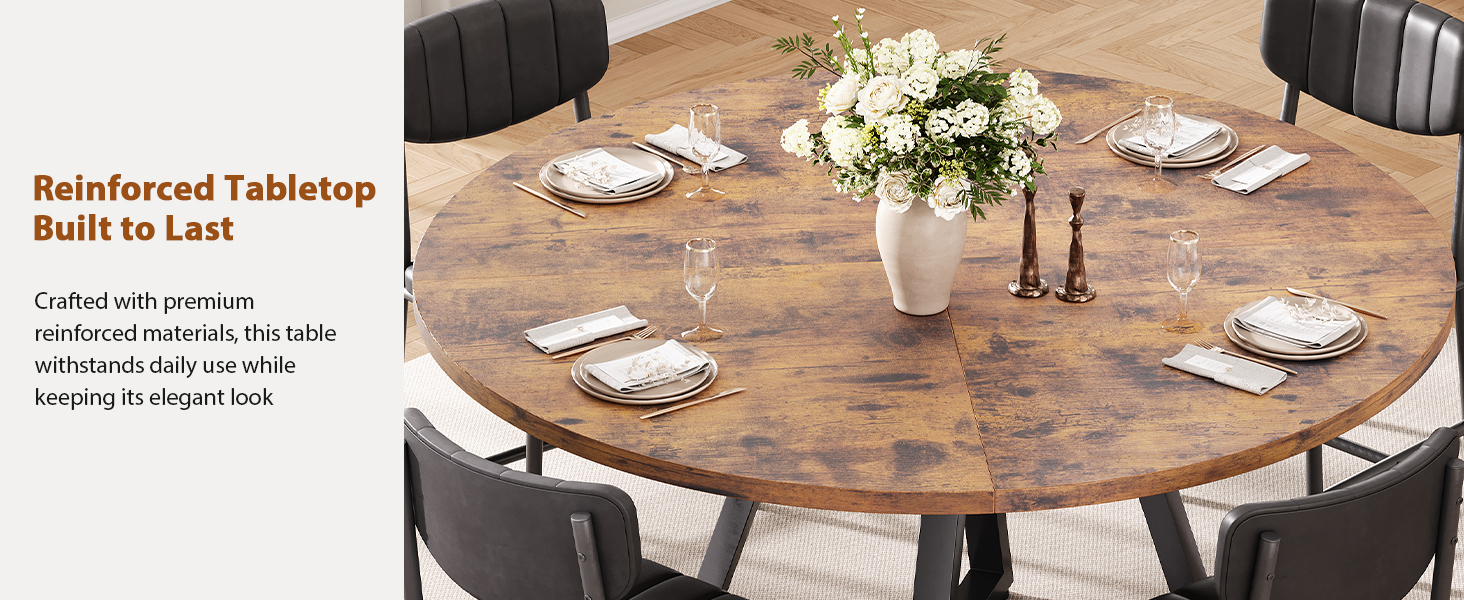 Круглий обідній стіл на 4 особи, кухонний стіл з міцним металевим каркасом, компактний стіл для їдальні в індустріальному стилі (120x120x76 см), вінтажний коричневий