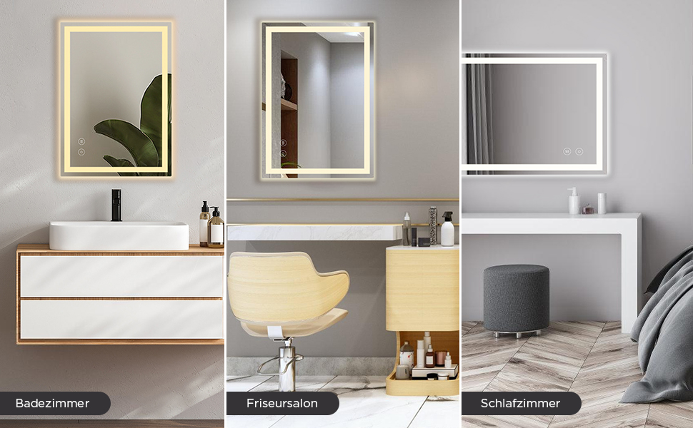 Дзеркало у ванну кімнату з підсвічуванням 50x70 см, сенсорне керування, протитуманне покриття, 3 кольори світла, регулювання яскравості, пам'ять налаштувань, матове покриття, прямокутна форма