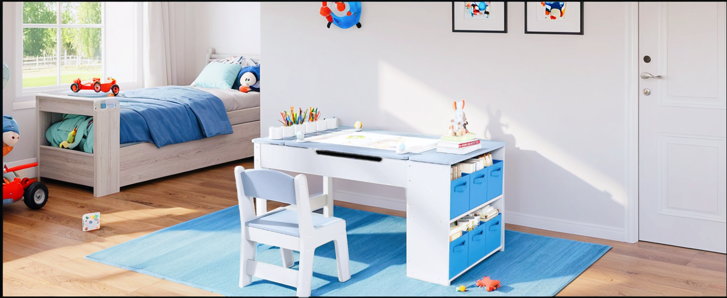 Дитячий стіл MAMIZO з 2 стільцями: дерев'яний стіл для ігор з місцем для зберігання, комплект меблів для дітей, стіл для малювання та рукоділля, від 3 років (блакитний)