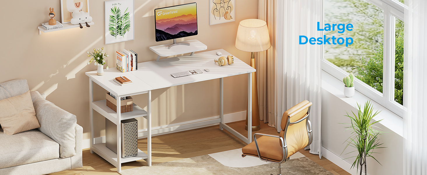Білий письмовий стіл GreenForest з місцем для зберігання, 100 см, комп'ютерний стіл з підставкою для монітора, для дому та офісу, 140x50 см