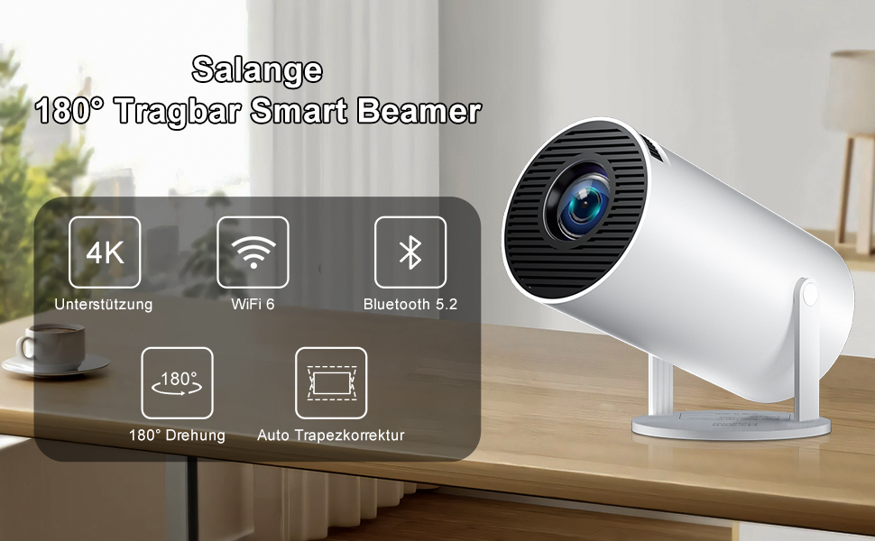 Міні проектор Salange HY300Pro+ 4K з Wi-Fi 6, Bluetooth 5.2 та Android 11.0 для домашнього кінотеатру. Підтримка 180° повороту, сумісний з телефоном, Xbox, ноутбуком, TV Stick, USB. Білий колір.