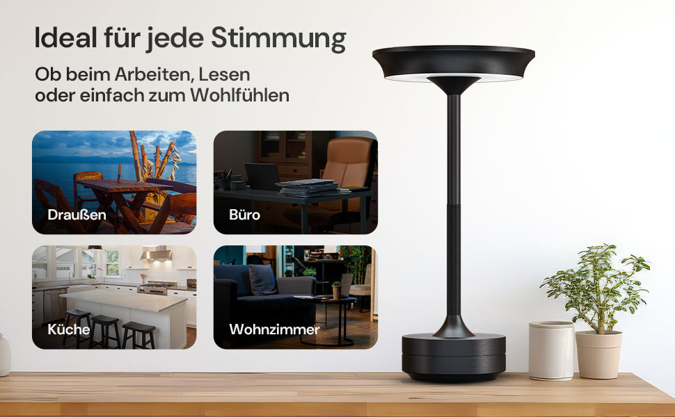 LED настільна лампа Designgold бездротова - стильний дизайн з акумулятором та USB-C - 3 кольори світла та регулювання яскравості - бездротова свобода для використання в приміщенні та на вулиці - акумуляторна, чорна