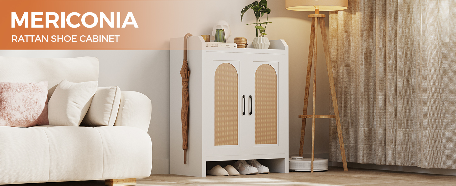 Шафа для взуття 5-ярусна в стилі ф armhouse з 2 дверцятами, вільного стояння з регульованими полицями та металевими кутовими прикрасами для передпокою та коридору, білий колір (ротанг, білий)