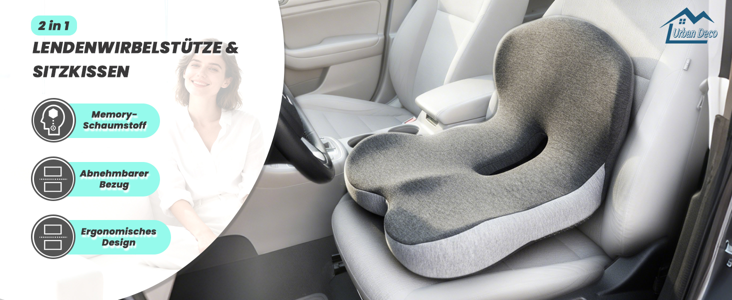 Ортопедична подушка для сидіння з підтримкою спини Urban Deco з піни Memory Foam, чорно-сіра, 1 шт.