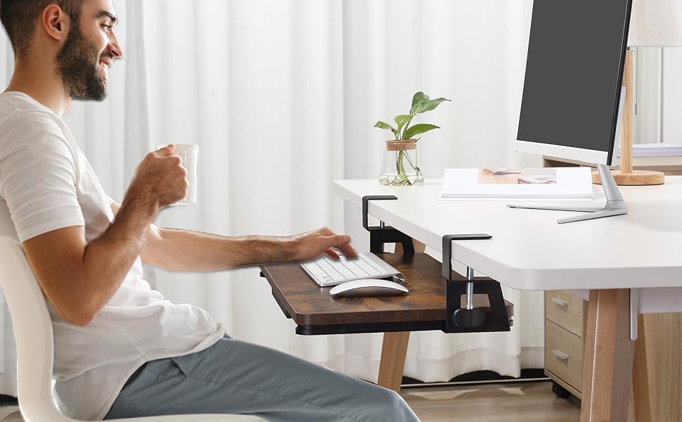 Підставка для клавіатури ETHU, висувна, 50x30 см, з кріпленням C, для монтажу під столом, ергономічна, горіх