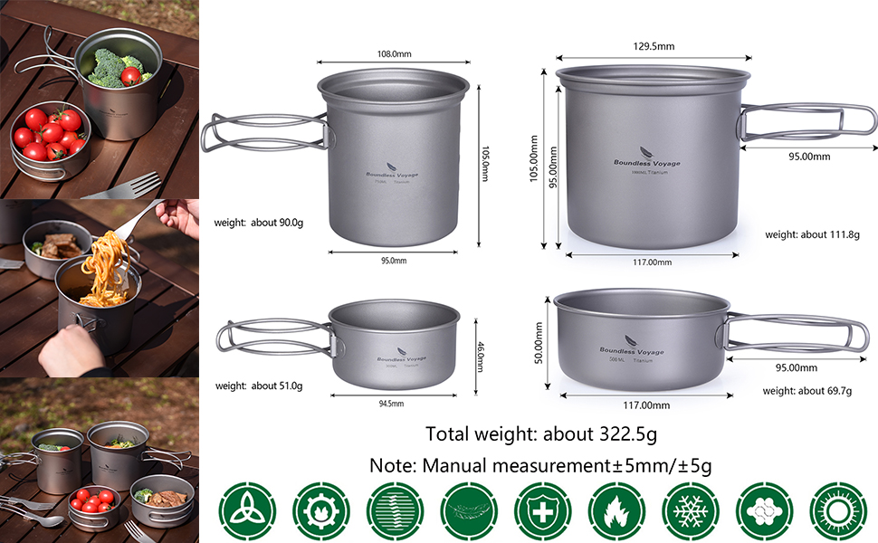 Набір посуду iBasingo з титану (2 шт.): каструля 1000мл, сковорода 500мл для кемпінгу та відпочинку на природі