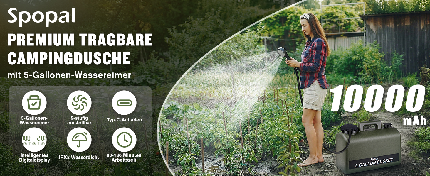 Портативна душова кабіна для кемпінгу з акумулятором 10000mAh та 20л баком, комплект для відпочинку на природі, саду, автомийки та тварин