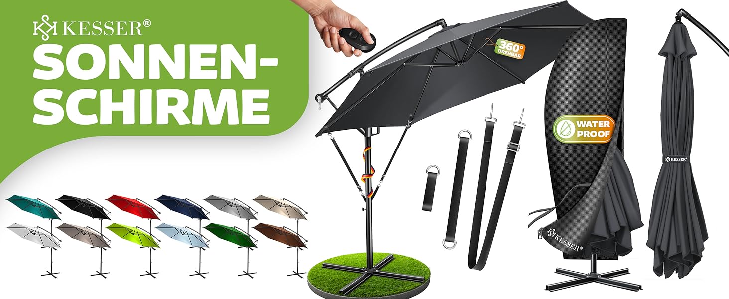 Парасолька від сонця KESSER Ø 350 см, підвісна модель з рукою-кранцем для тераси, балкона та саду, алюмінієвий стійкий каркас, UV-захист, водонепроникна та вітростійка, поворот на 360°, антрацит
