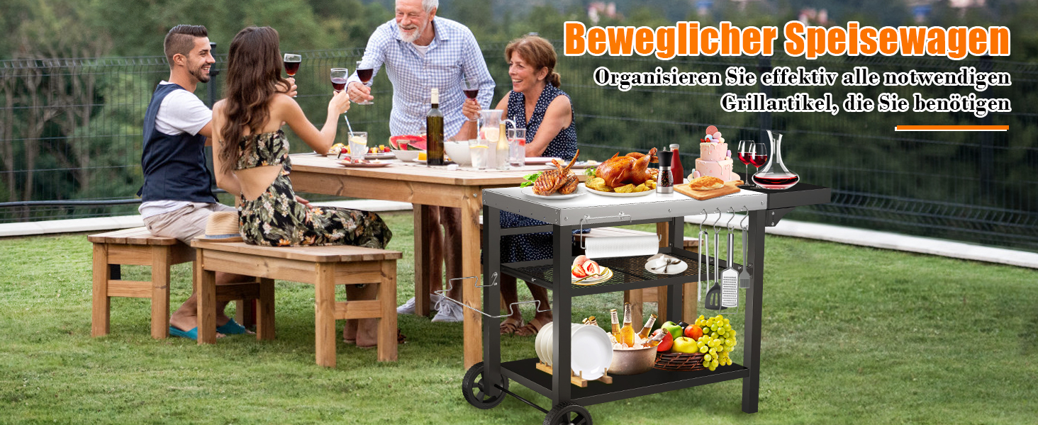 Нержавіюча сталева візок для гриля Denmay з 3 ярусами, піч для піци, робочий стіл для гриля, візок для обслуговування на відкритому повітрі