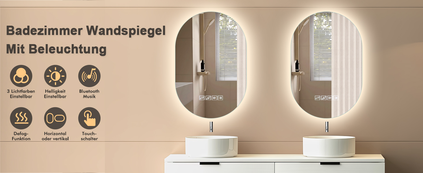 Дзеркало LED Bellanny з підсвічуванням 60см | Настінне дзеркало для ванної кімнати, дзеркало для макіяжу | Дзеркало з сенсорним вимикачем, 3 кольори світла, регулювання яскравості, антизапар, IP44, горизонтальне/вертикальне (Bluetooth, 75x50см)