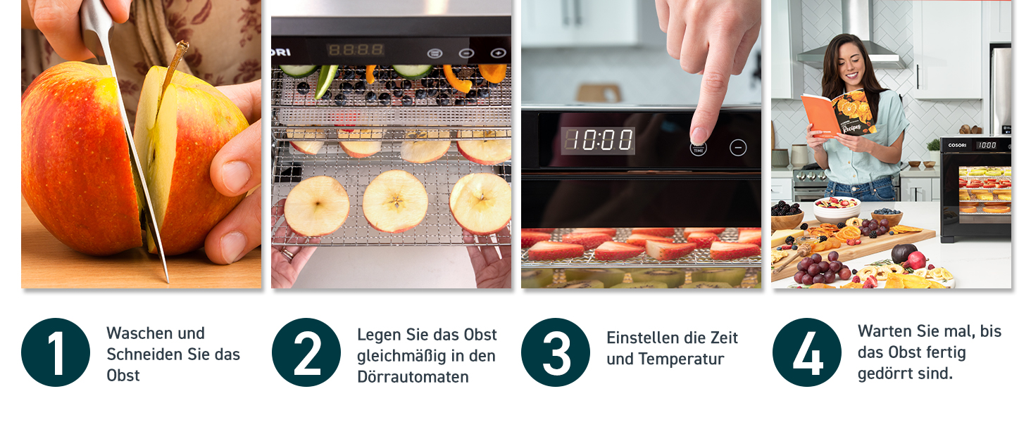 COSORI Дегідратор продуктів з 50 рецептами, 6 піддонів, 3 сітки, 3 килимки, площа 0,6 м², таймер 48 год, LED-дисплей (35°-75°C), 650W, сірий