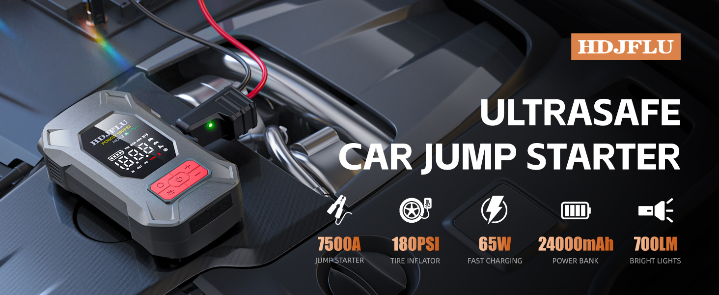 Пусковий пристрій Jump Starter 7500A з компресором 180 PSI та Powerbank 24000mAh для бензинових та дизельних авто (до 10.0L), PD65W, LED-дисплей
