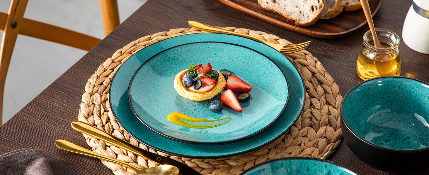 Набір посуду Bubble 6 осіб, 24 шт. з кераміки, зелений: тарілки та миски, мікрохвильова піч