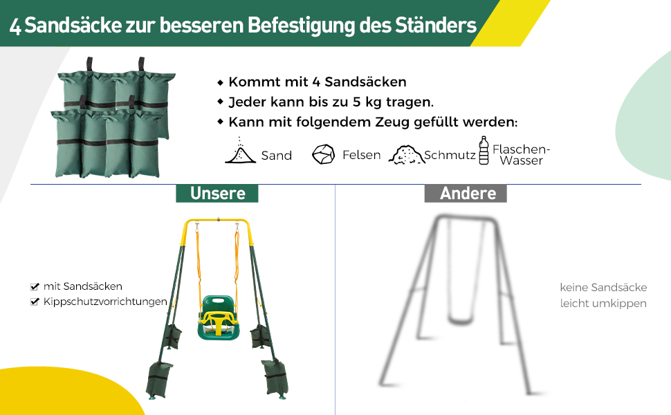 FUNLIO Набір 2-в-1: гойдалка та дверний батут для малюків. Гойдалка для дітей з 4 мішками з піском, складаний металевий стійка для використання в приміщенні та на вулиці, легко збирається та зберігається. (Зелений)