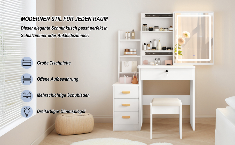 Дзеркальний туалетний столик DATO з LED-підсвічуванням, 3 колірні температури та регулюванням яскравості, з пуфом, 5 шухляд та 3 полиці, розсувний дзеркало