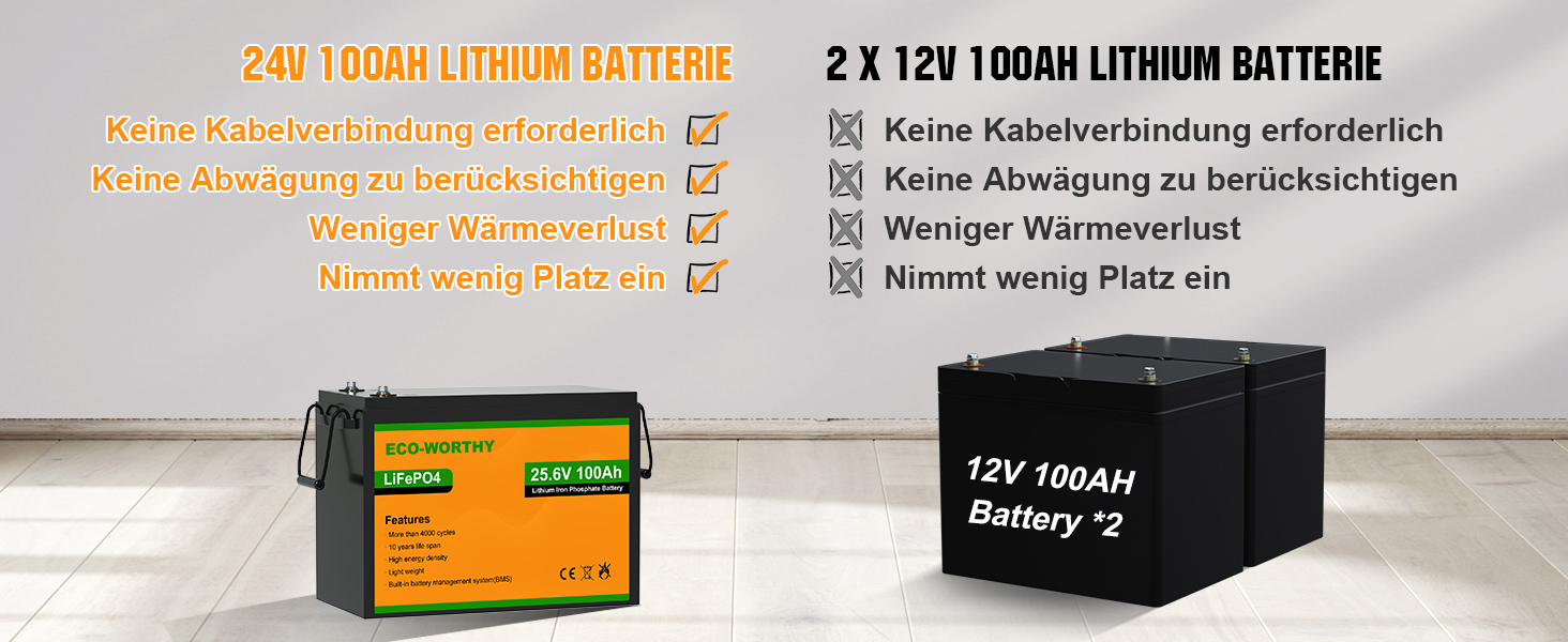 ЕКО-ГІДНИЙ акумулятор LiFePO4 24V 100Ah із захистом BMS, 4000-15000 циклів для автофургону, кемпінгу, сонячної батареї, човна