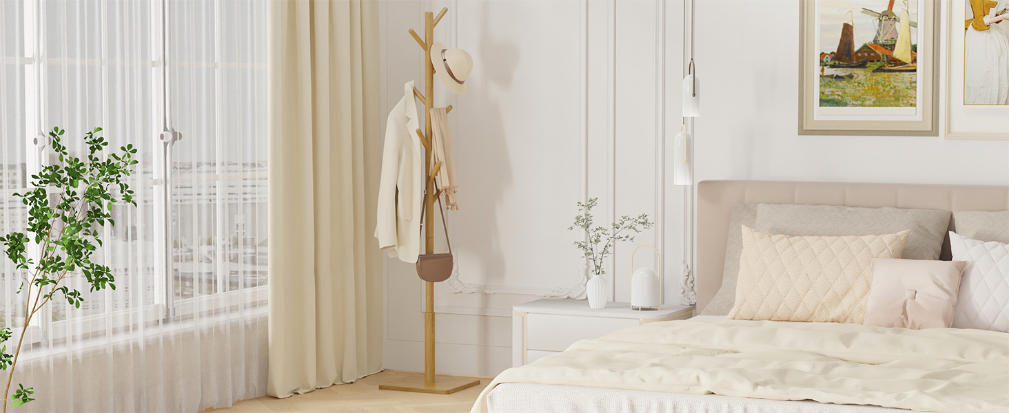 Вішалка для одягу Yawinhe у вигляді дерева з антиковзним покриттям, з масиву дерева, 180 см, 8 гачків, 3 регульовані висоти, для передпокою, 1 шт.