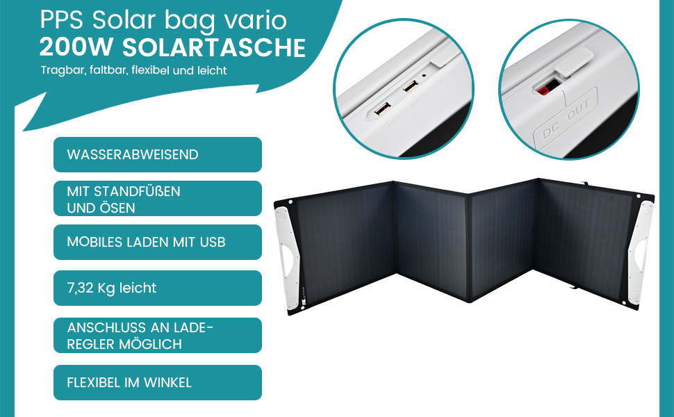 ПДВ 12 III UstG Bag Vario 200W, складна сонячна панель, USB-порт, зовнішнє використання, фотовольтаїка