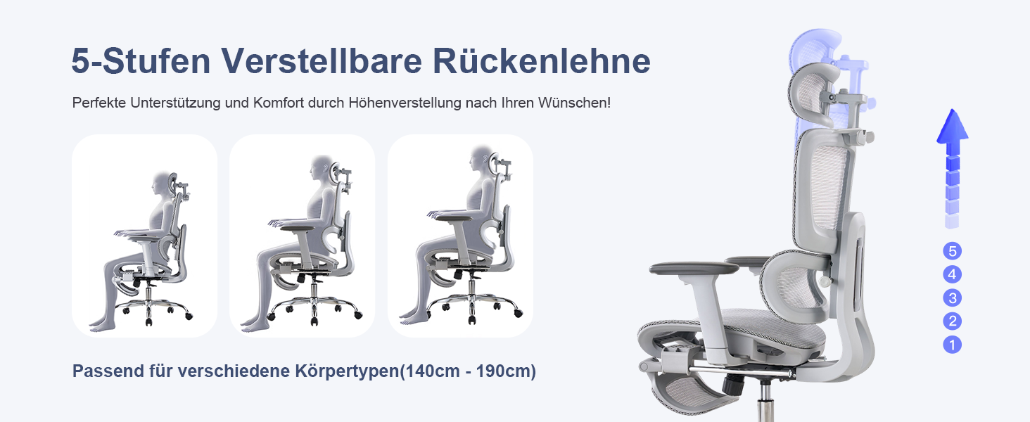 Ергономічне крісло для офісу з підніжкою та подушкою для шиї, 5-рівнева регульована спинка, 2D підтримка попереку, 3D підлокітники/підголівник, функція нахилу 145°, сітчасте сидіння, гумові колеса (Сірий, Lite)
