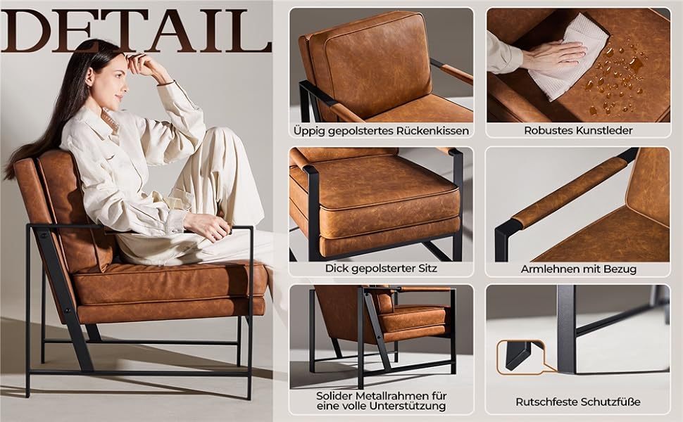 Крісло-реклакс Yaheetech з металевим каркасом та штучною шкірою, світло-коричневе