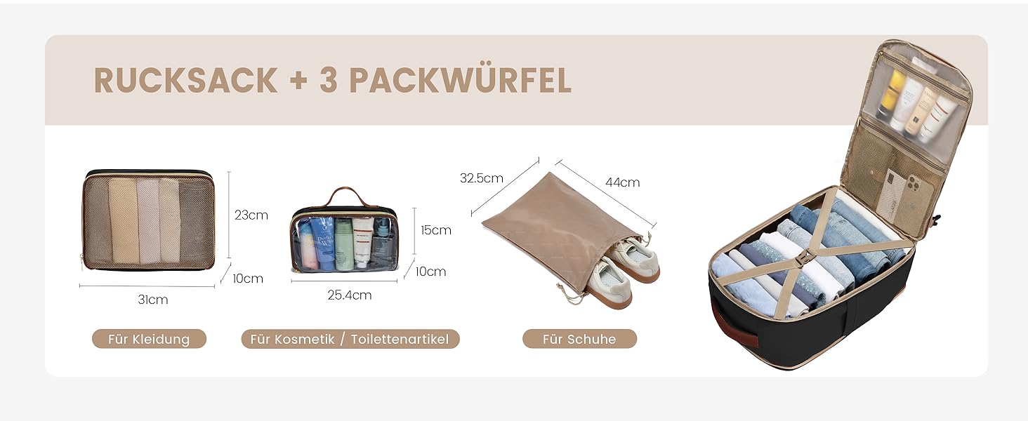 LOVEVOOK Рюкзак ручної поклажі, 17.3 дюйми, 40L, для подорожей та бізнесу, водонепроникний, для жінок, 45x30x20см, 4 кольори (Teegrün, Beige, Schwarz, Braun)