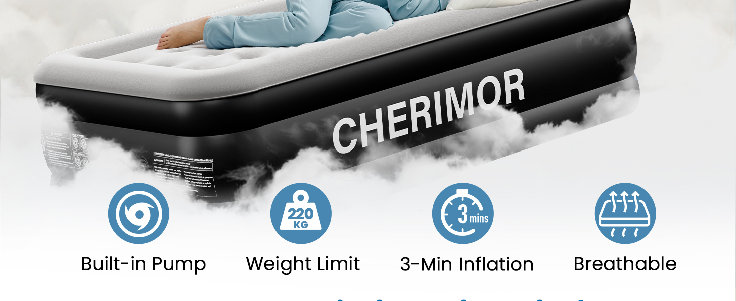 Самонадувний матрац CHERIMOR для 2 осіб, 203x152x46 см, посилений повітряний ліжко для дому та кемпінгу, витримує до 360 кг, з сумкою для перенесення, чорний