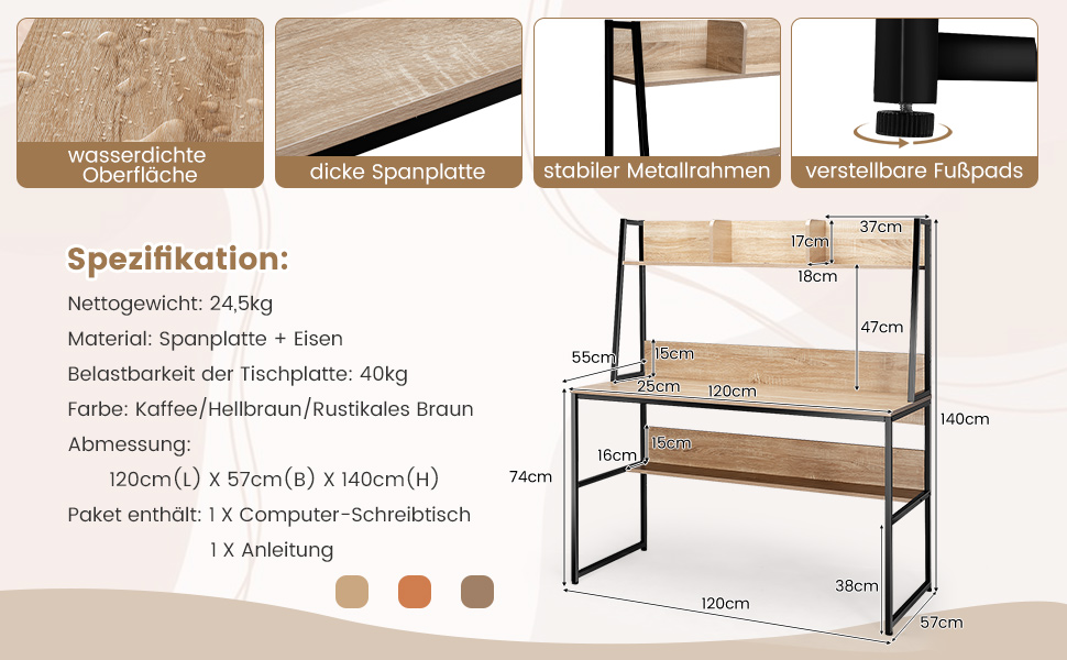Письмовий стіл COSTWAY з полицею, дерев'яний комп'ютерний стіл з металевим каркасом і регульованими накладками для ніг, робочий стіл з відкритою книжковою шафою, 120 x 57 x 140 см (кава)