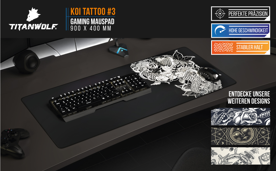 Килимок для миші TITANWOLF XXL 1000x600mm з мотивом Koi Tattoo – великий килимок для геймінгу, покращена точність та швидкість