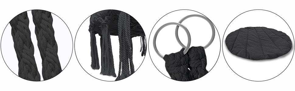 Підвісне крісло-гойдалка VOUNOT з полицею для книг та подушкою, Ø 80 см, чорний колір, для дому та саду