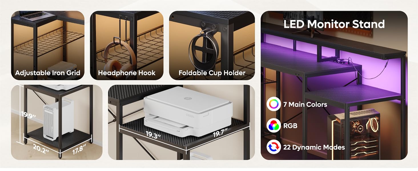 Ігровий стіл Bestier 181x80 см з LED-підсвіткою, 3 розетки AC та 2 USB, стіл для комп'ютера, чорний з карбоном
