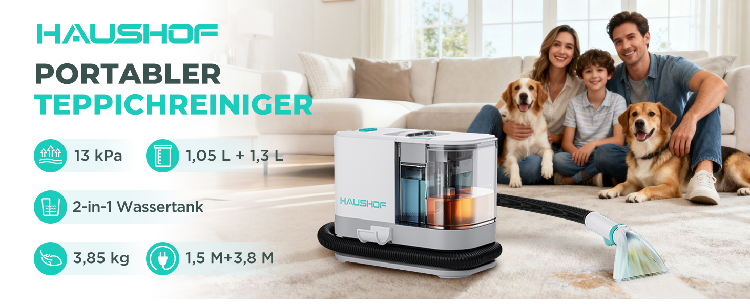 Портативний мийний пилосос для килимів та м'яких меблів HAUSHOF, 13 kPa, 2-в-1, тихий (≤77 dB)