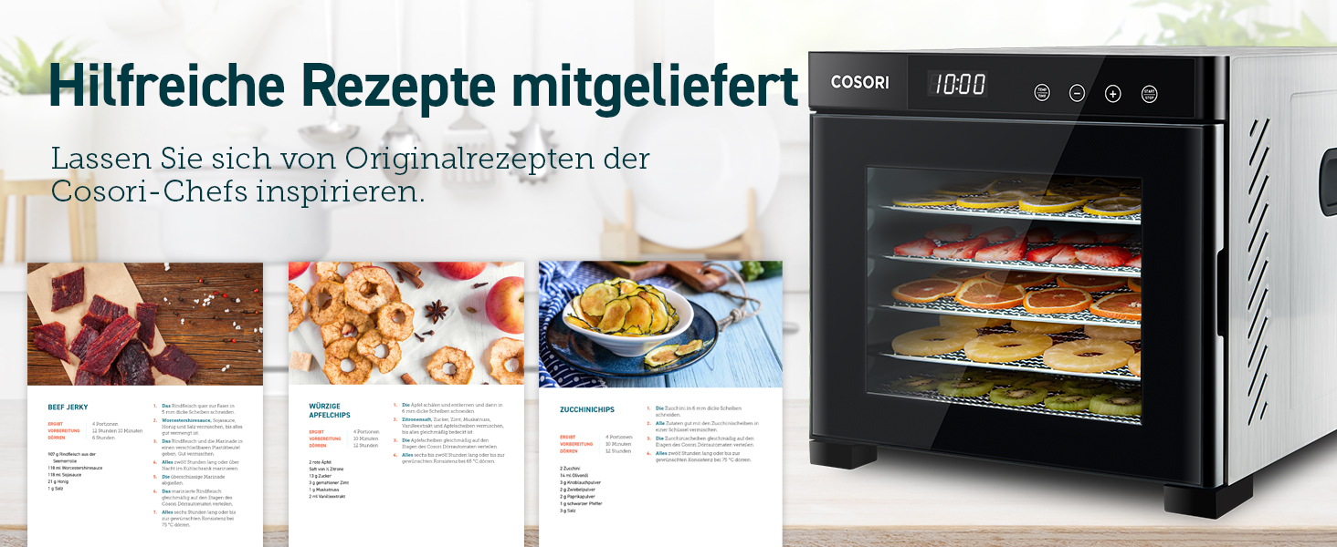 COSORI Дегідратор продуктів з 50 рецептами, 6 піддонів, 3 сітки, 3 килимки, площа 0,6 м², таймер 48 год, LED-дисплей (35°-75°C), 650W, сірий