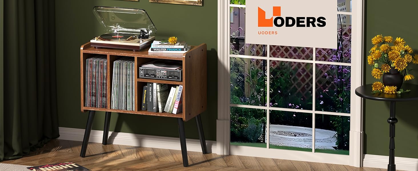 Стіл для програвача, стійка для програвача в стилі середини століття з місцем для зберігання вінілу (до 150+ платівок), шафа для вінілових платівок з регульованими полицями, дуб