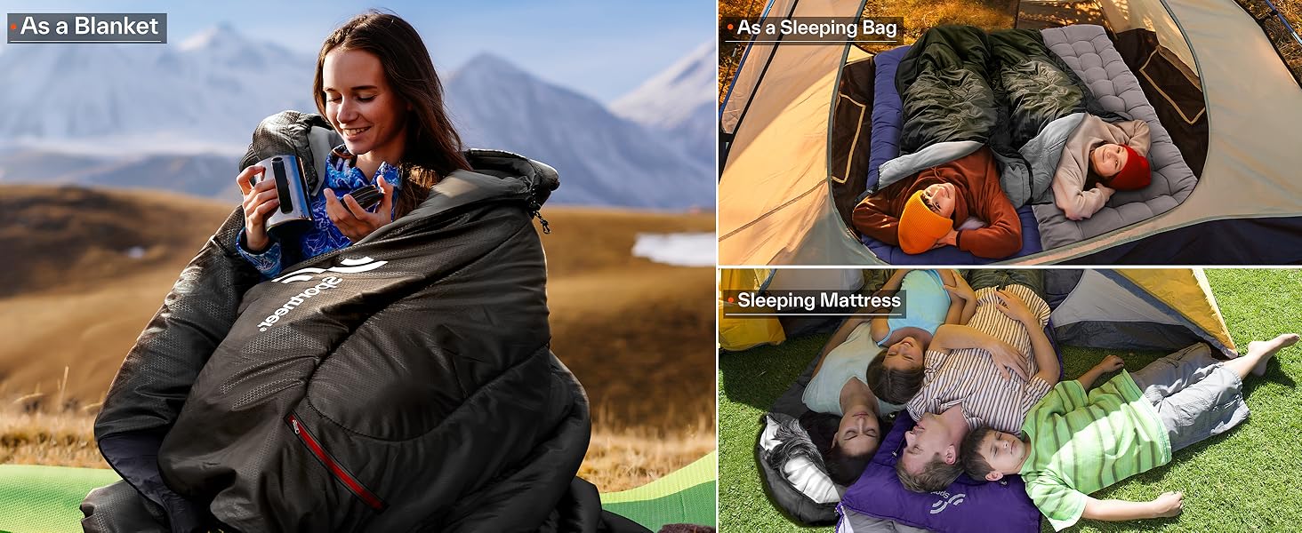Спальний мішок Sportneer Outdoor у формі ковдри (220×85 см), чорний, температурний режим +10...+26 °C, з отворами для рук