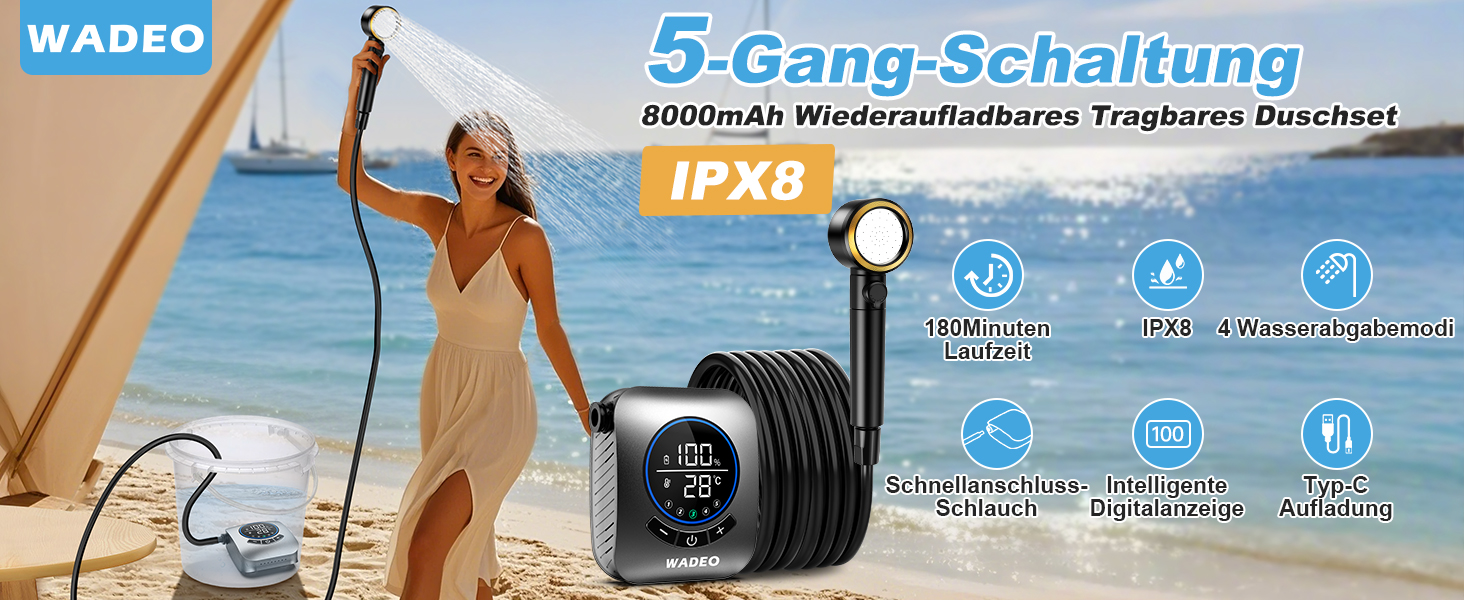 Портативна душова кабіна WADEO з насосом, 8000mAh, LED-дисплей, для кемпінгу та подорожей