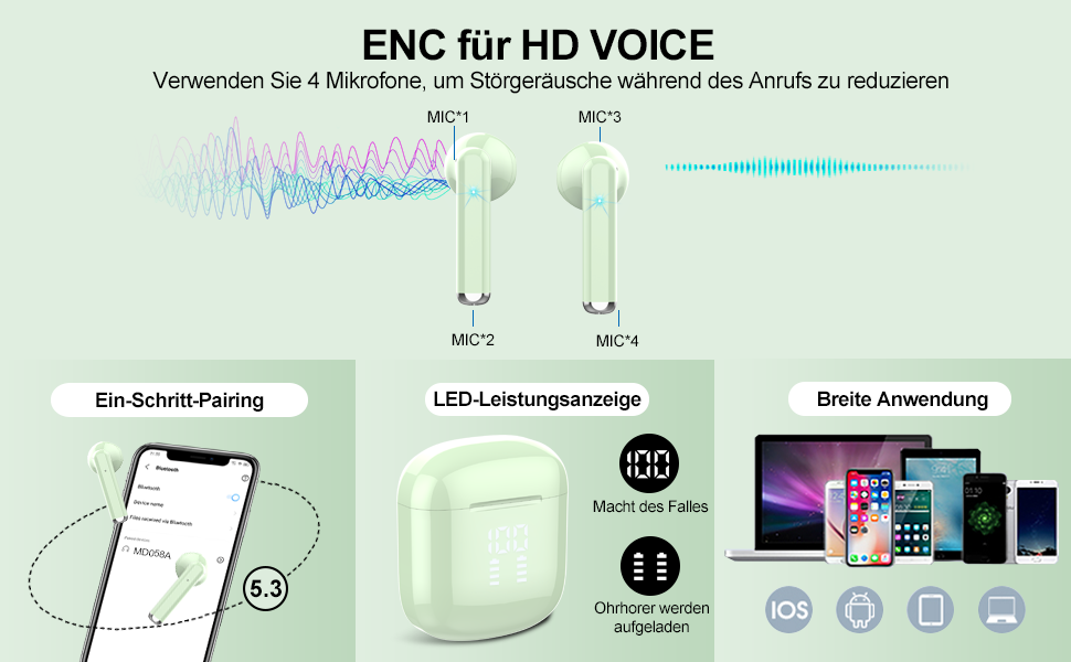 Навушники-вкладиші OYIB Bluetooth 5.3, ENC Micro, HiFi, сенсорні, світлодіодні, 25H, IPX7, зелений