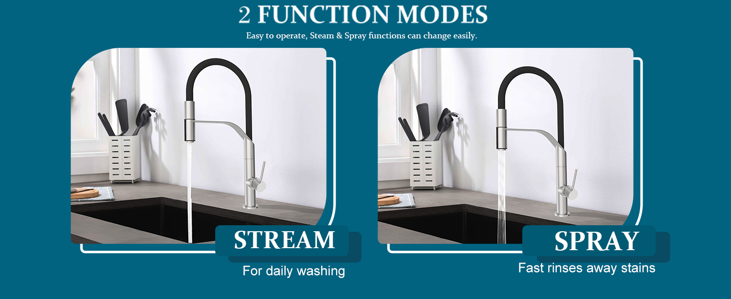 Змішувач кухонний високого тиску з висувним душем, одинарна ручка, поворотний на 360°, 2 режими струменя, щоткований нікель