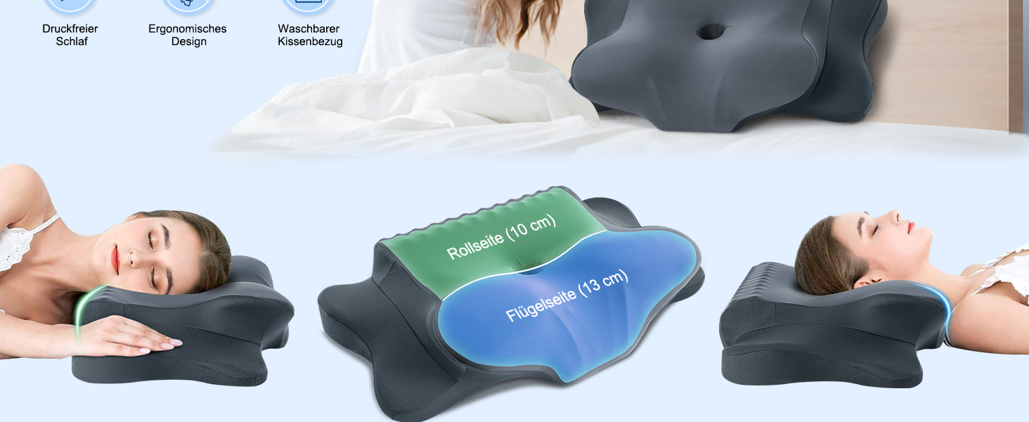 Подушка для шиї з піною з пам'яті, ергономічна подушка для сну, подушка для підтримки шиї для тих, хто спить на боці, спині та животі, сіро-білий колір (темно-сірий, 64 x 39 x 13 см)