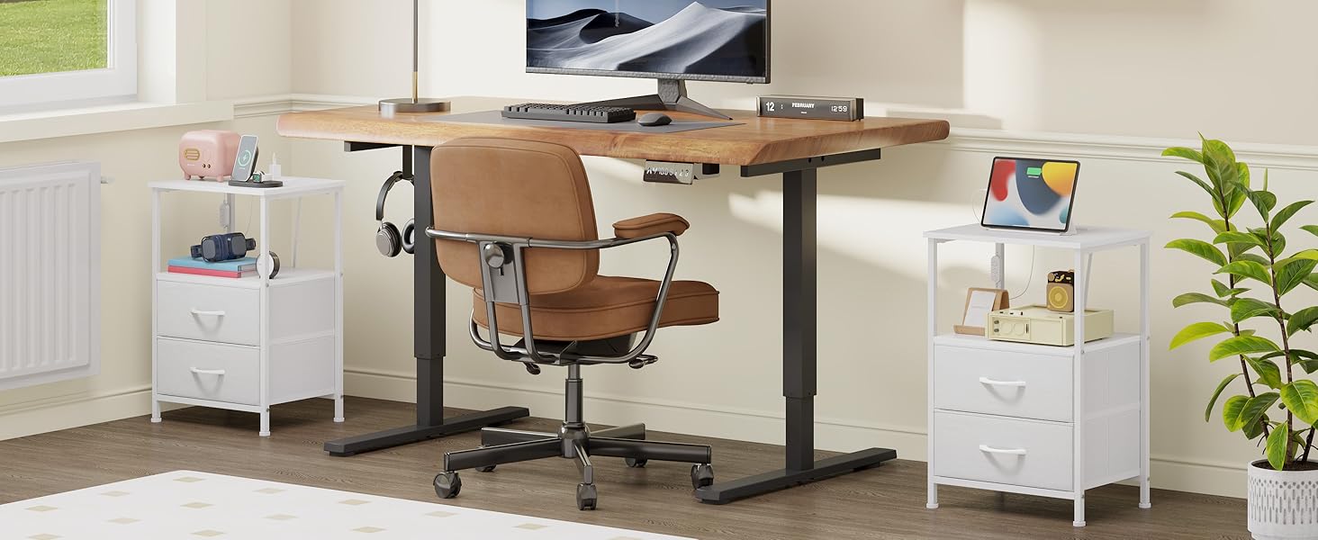 Нічний столик Somdot з LED, USB та Type-C, 2 висувні ящики, штучна шкіра, білий (30x40x60 см)