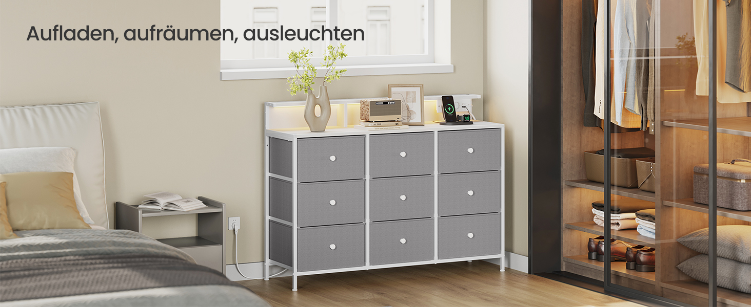 SONGMICS Комод з 9 висувними ящиками та LED-підсвічуванням, з розеткою, сталевий каркас, 33,5 x 114 x 84 см, для спальні/вітальні (Таунгrau)