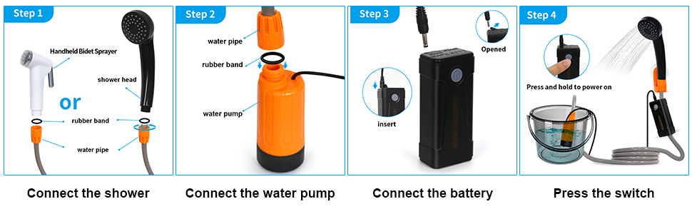 Портативний кемпінговий душ Koopsmate, світлодіодне світло, знімний акумуляторний душовий насос для кемпінгу, портативна душова лійка на відкритому повітрі, водяний насос із відра в стабільній і м'якій душовій лійці, використовується для кемпінгу та подорожей помаранчевий