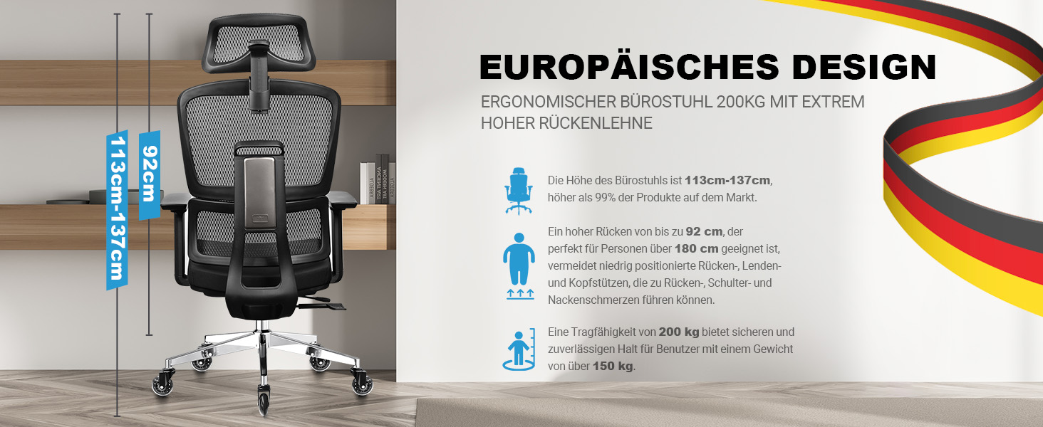 Ергономічне офісне крісло 200 кг | Регульована спинка 6P | 4D підлокітники | Безшумні гумові колеса | Регулювання глибини сидіння | Крісло для великих людей | Перевірено EN12520 | Пінощільність 45