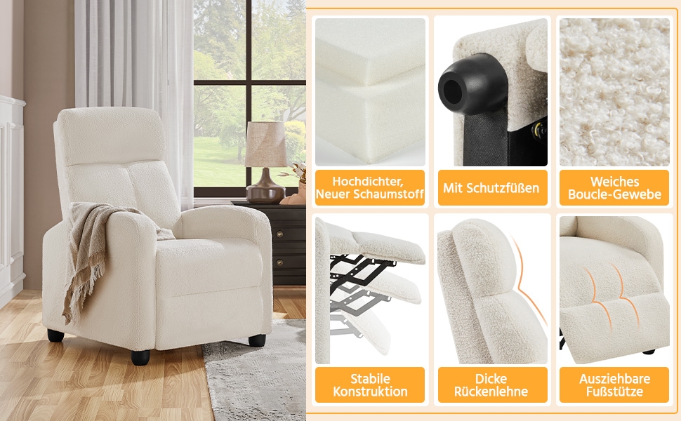 Крісло-релакс Yaheetech з регульованою підніжкою, крісло для телевізора, крісло-ліжак з тканини Boucle, колір слонова кістка