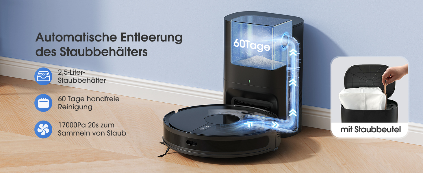 Робот-пилосос BPMIO з функцією миття підлоги та станцією самоочищення, потужність всмоктування 6500Pa, навігація LiDAR, час роботи 180 хвилин, ідеально підходить для шерсті тварин, килима та твердих підлог (B40 Plus)