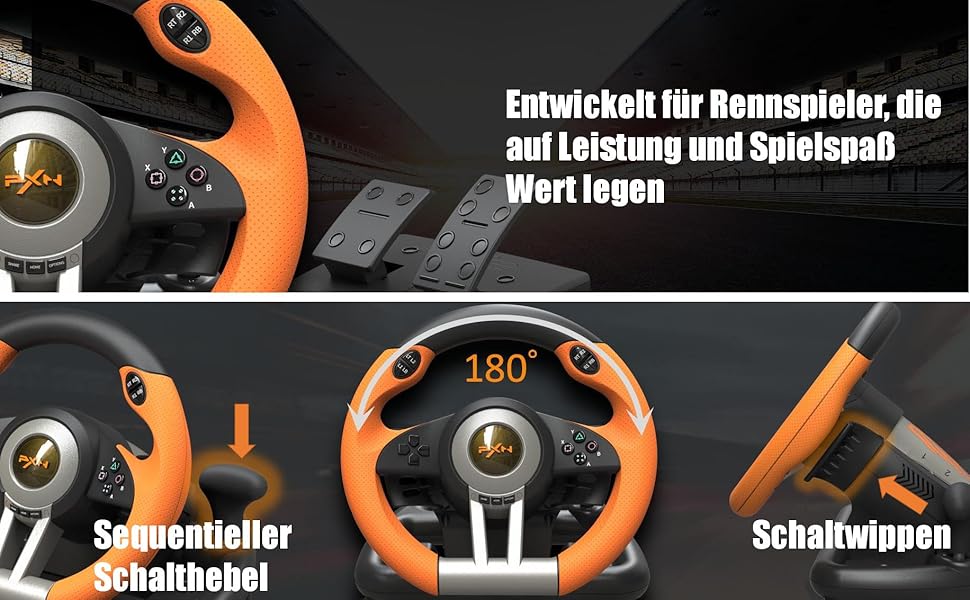Ігровий кермо PXN V3 Pro з педалями, 180° поворот, вібрація, перемикачі на кермі та педалях - для PC, PS4, PS3, Xbox, Nintendo Switch (Помаранчевий)
